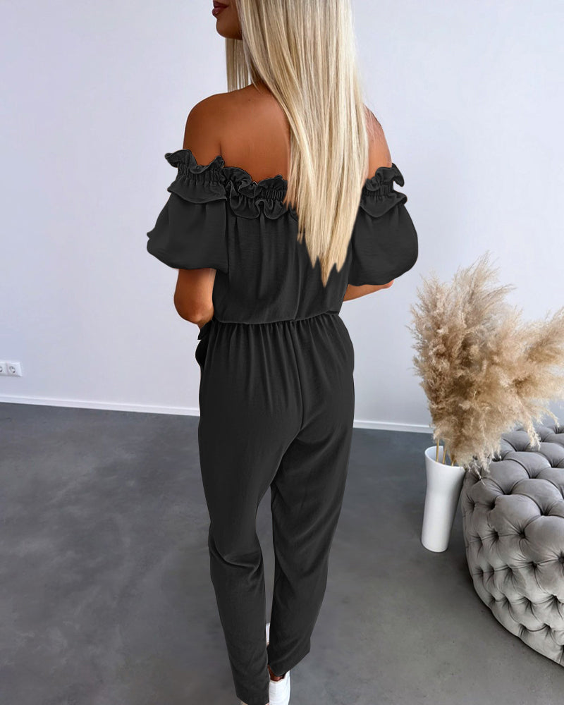 Off-Shoulder Frill Trim Tie Waist Textured Jumpsuit