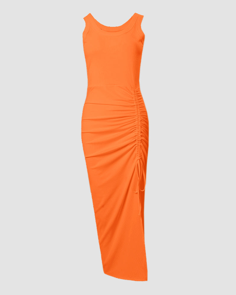 Sleeveless Ribbed Ruched Bodycon Maxi Tank Dress