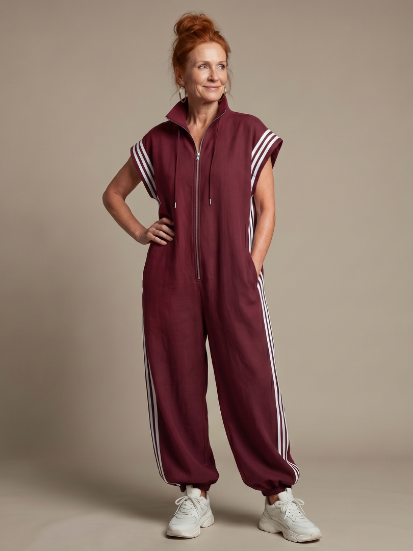 Full Length Zip Front Jumpsuit with Side Stripe Panels