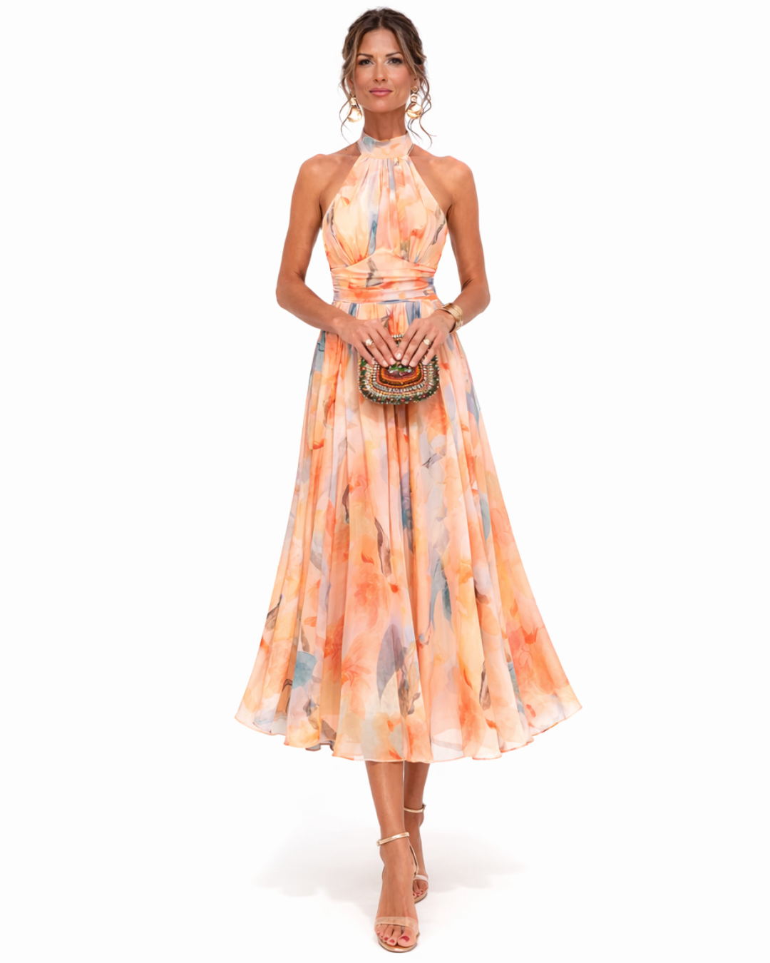 Watercolor Print Halter Neck Maxi Dress