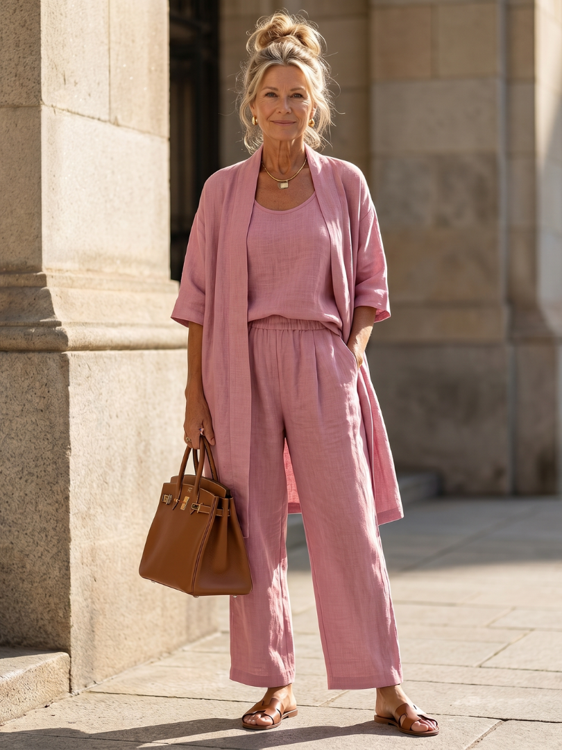 Wide Leg Three Piece Matching Set with Open Front Layer