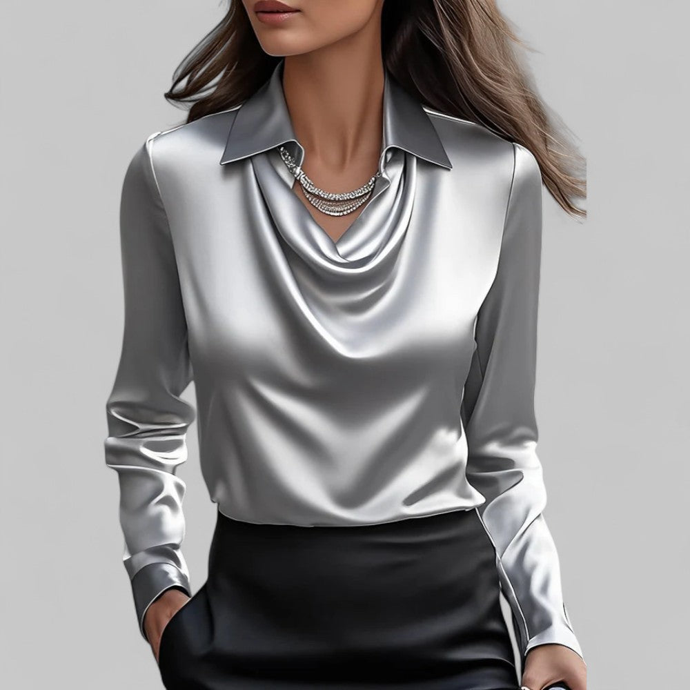 Satin Blouse for Women - Waterfall Neckline Long Sleeve Elegant Top