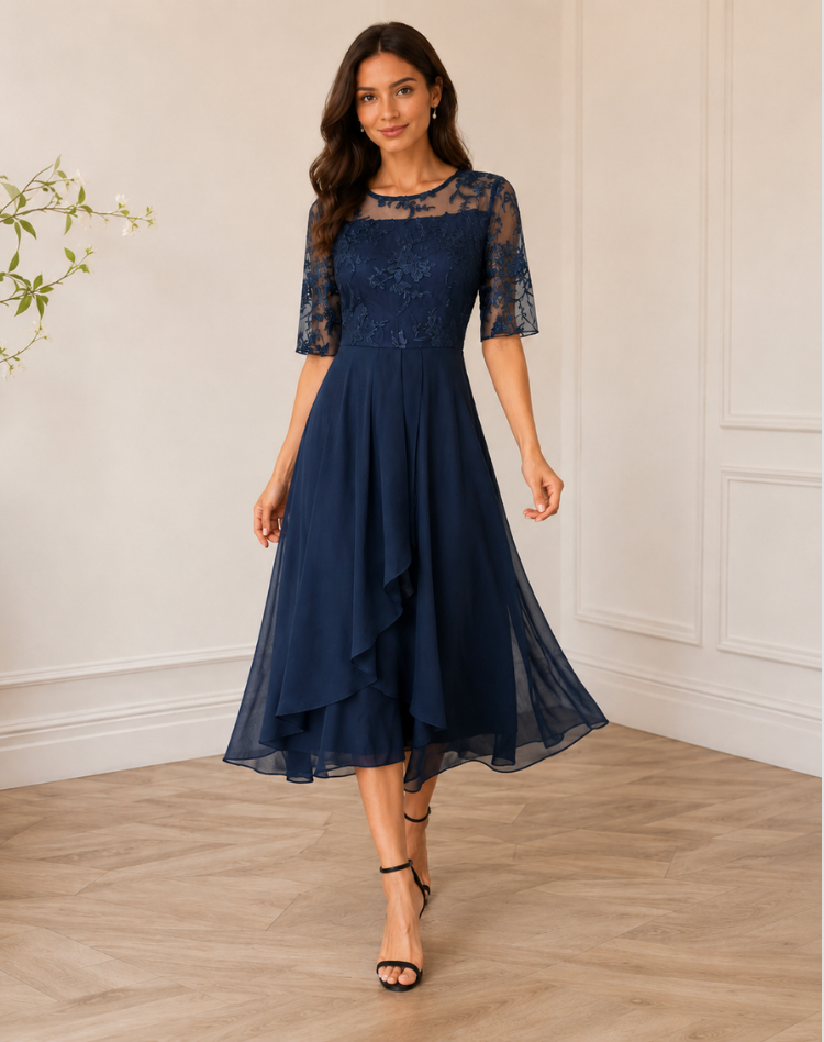 Lace Midi Cocktail Dress With Tulle Hem