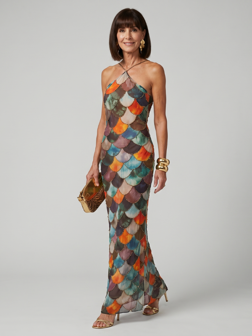 Fitted Halter Maxi Dress with Scale Geometric Print