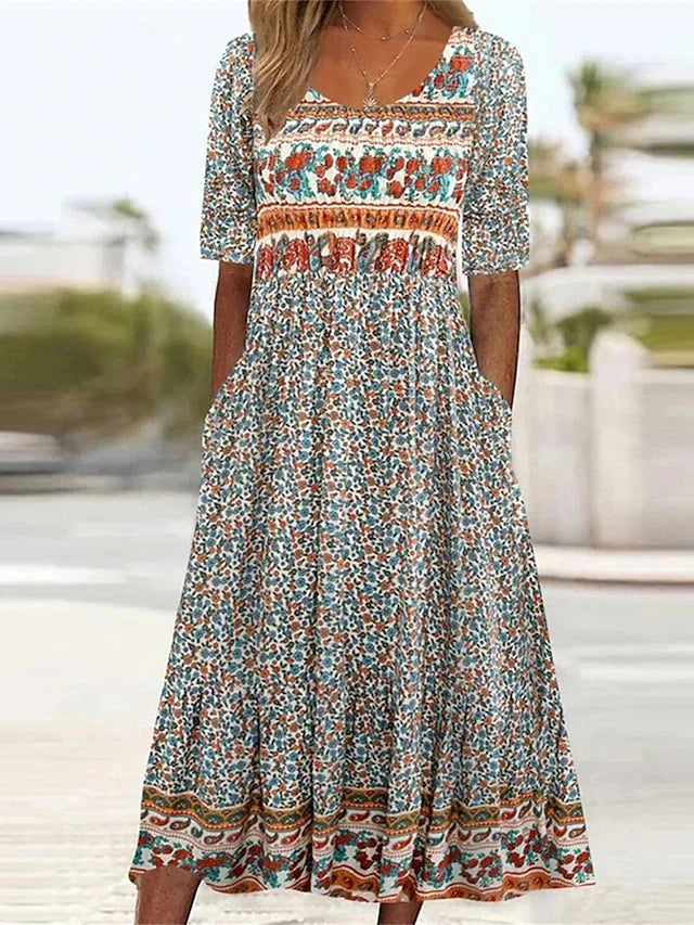 Boho Print Midi Dress With Side Pockets