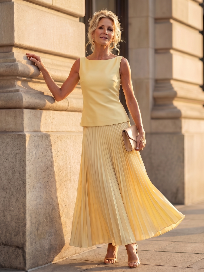 Structured Bodice Pleated Maxi Skirt Two Piece Set