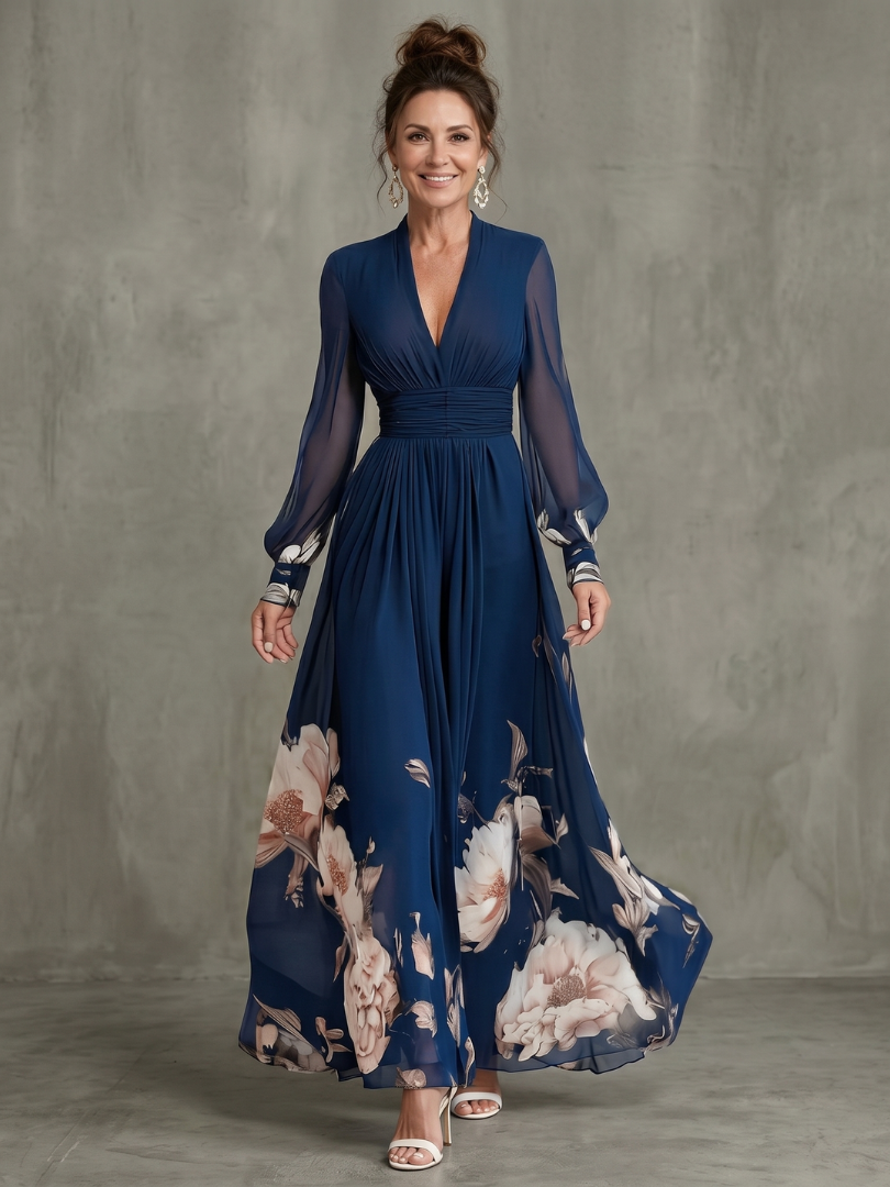 V-Neck Pleated Maxi Dress with Sheer Long Sleeves