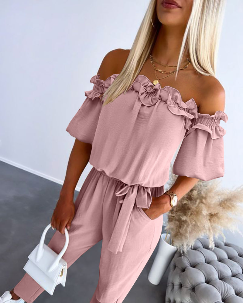 Off-Shoulder Frill Trim Tie Waist Textured Jumpsuit