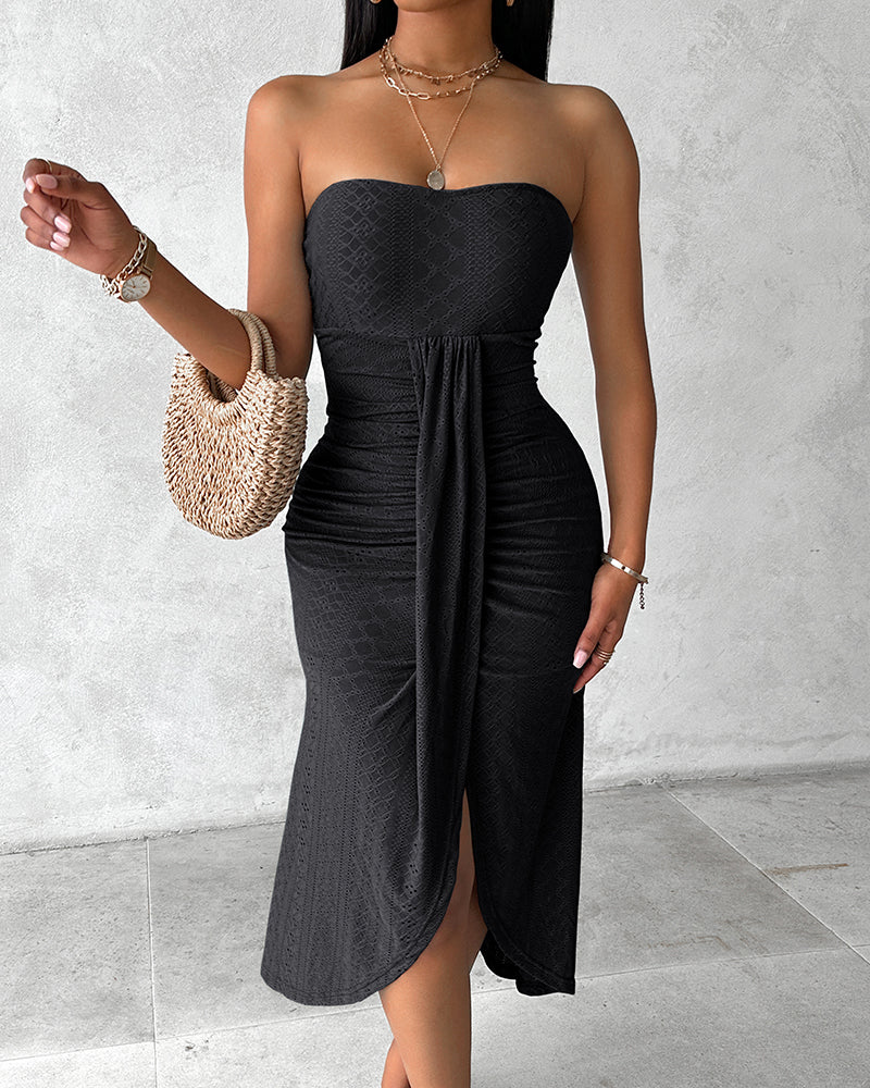 Ruched Bandeau Maxi Dress With Eyelet Embroidery