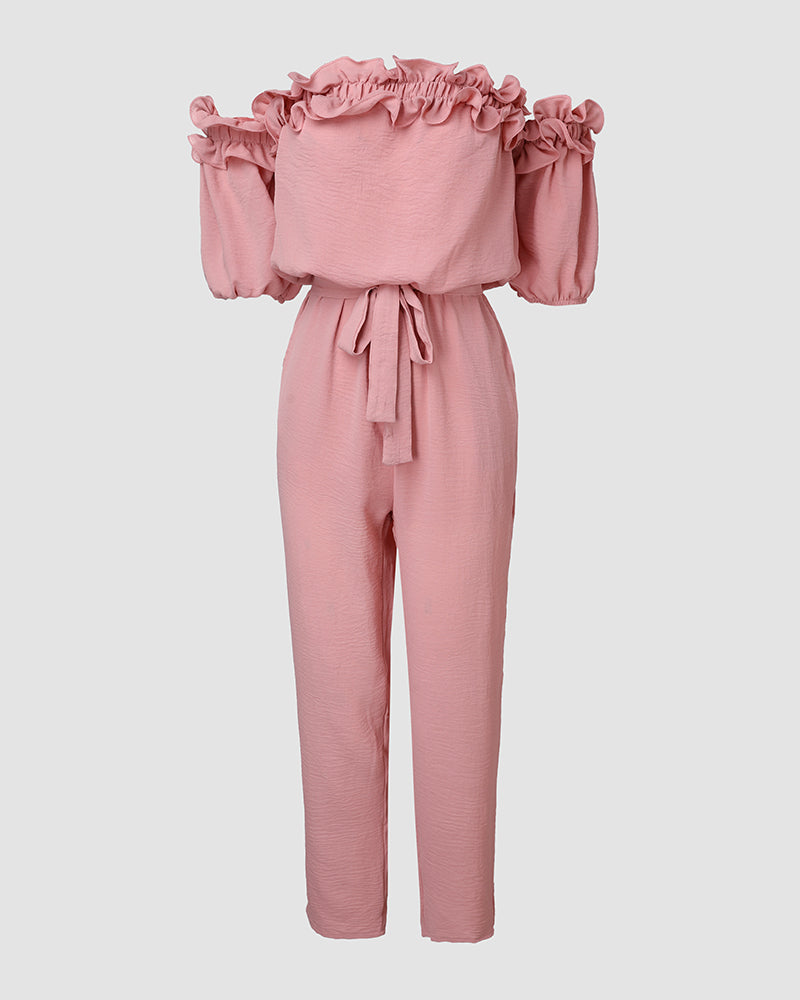 Off-Shoulder Frill Trim Tie Waist Textured Jumpsuit