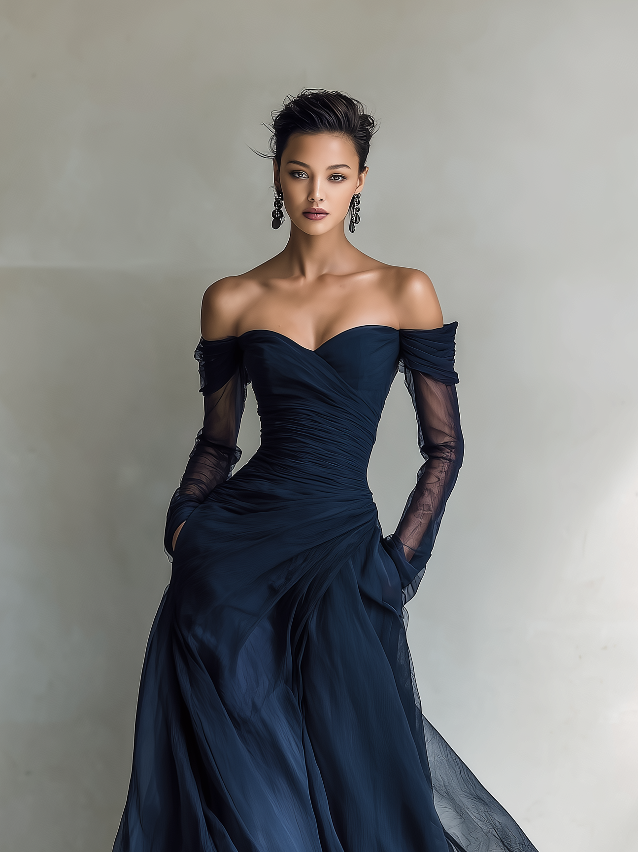 Off-Shoulder Fitted Chiffon Organza Maxi Dress
