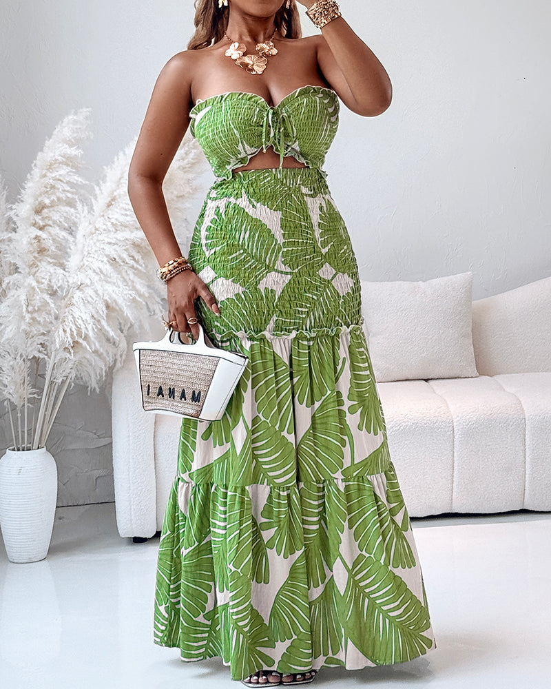 Tropical Print Halter Shirred Mermaid Vacation Dress