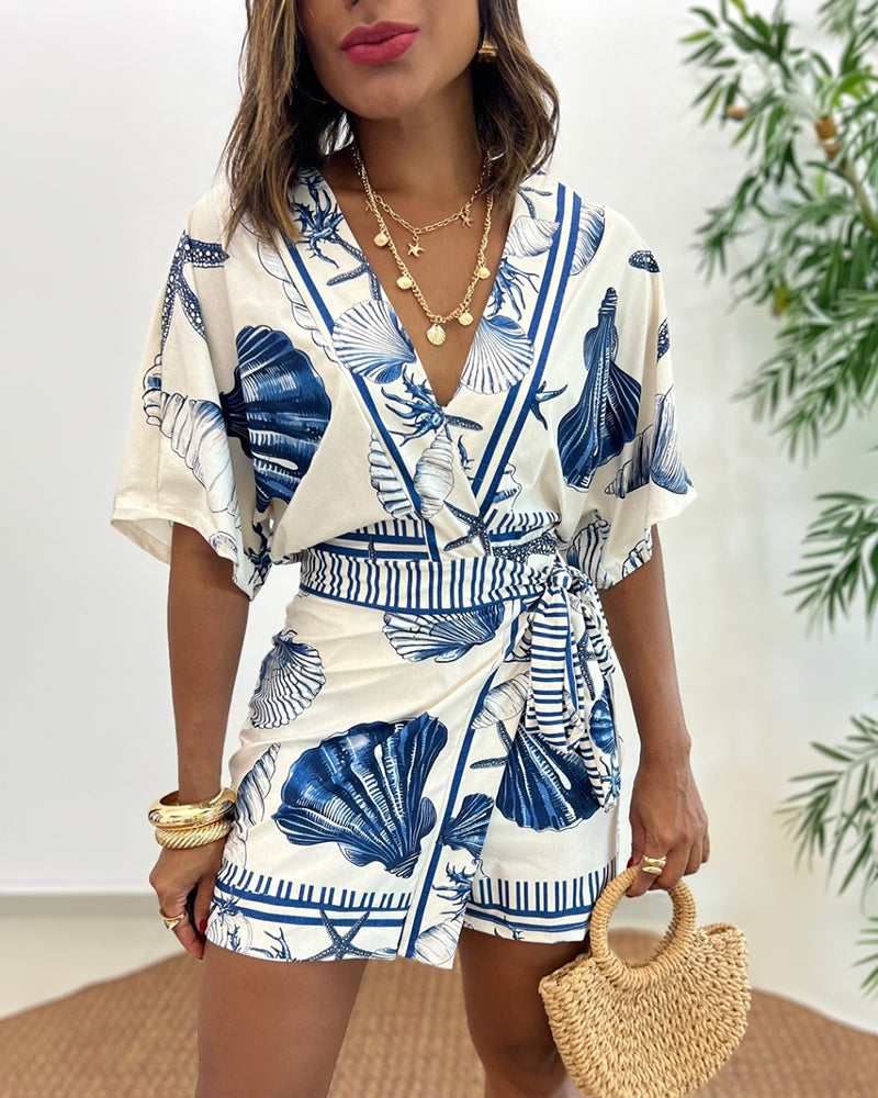 V-Neck Batwing Sleeve Wrap Knot Vacation Romper