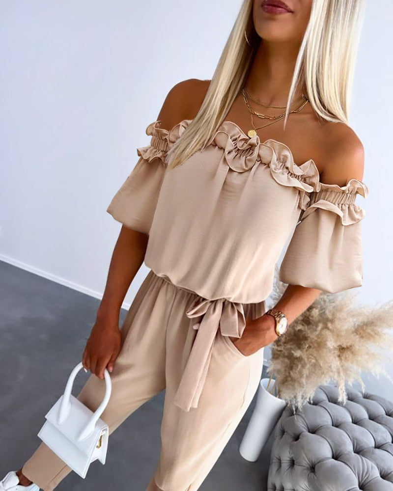 Off-Shoulder Frill Trim Tie Waist Textured Jumpsuit