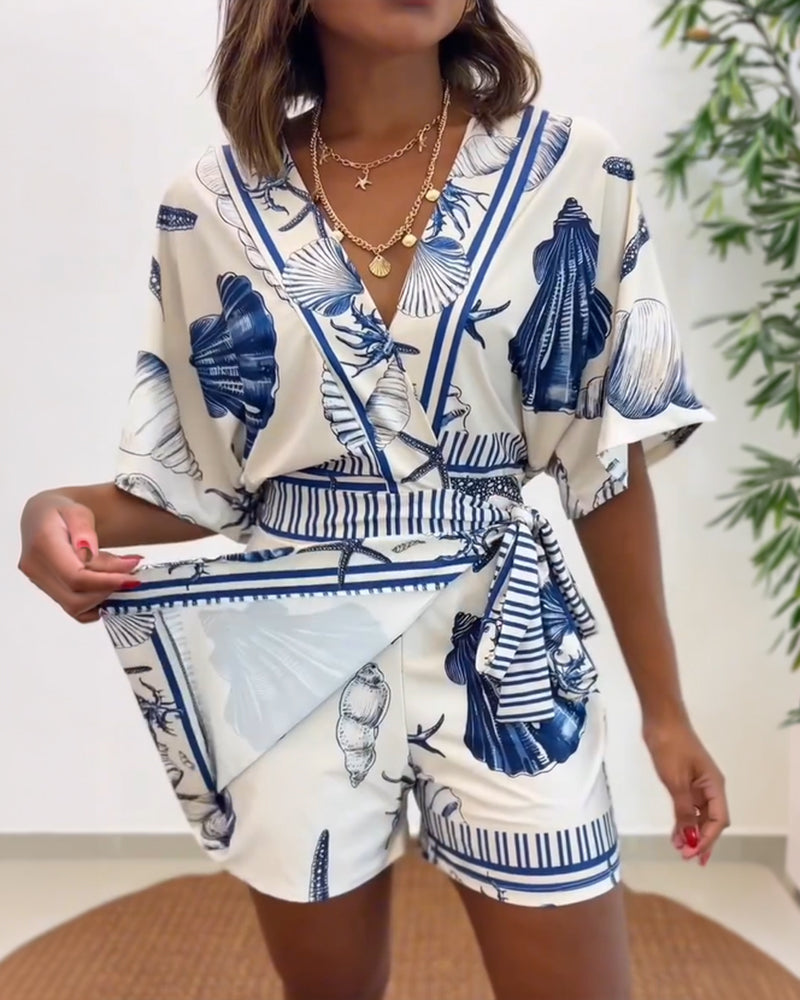 V-Neck Batwing Sleeve Wrap Knot Vacation Romper