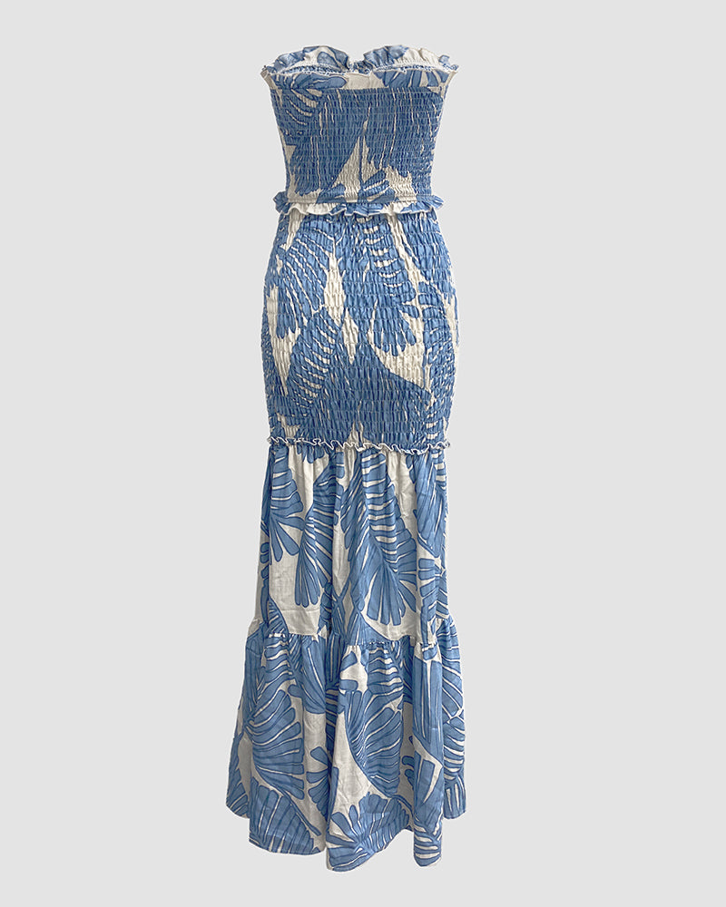 Tropical Print Halter Shirred Mermaid Vacation Dress