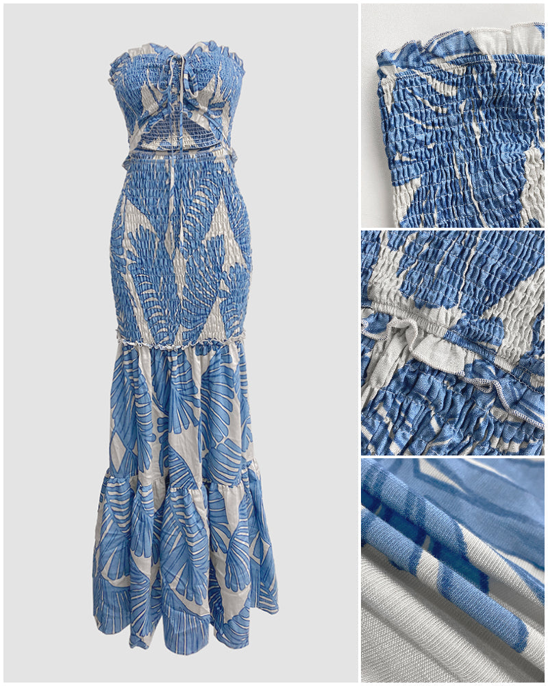 Tropical Print Halter Shirred Mermaid Vacation Dress