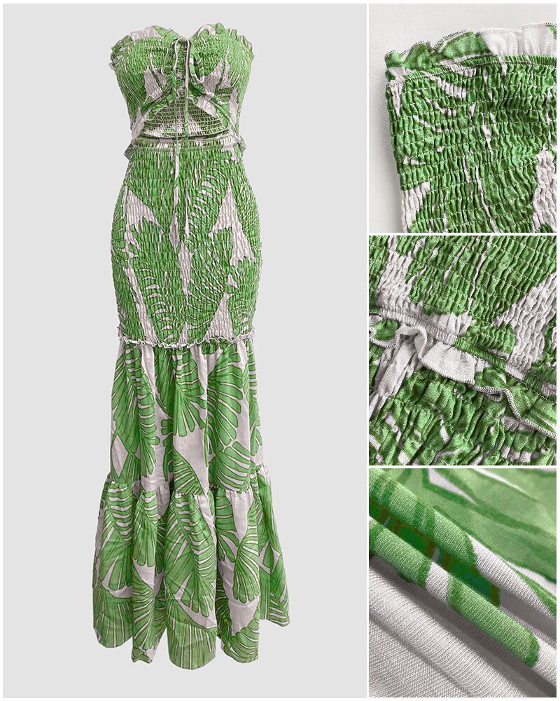Tropical Print Halter Shirred Mermaid Vacation Dress