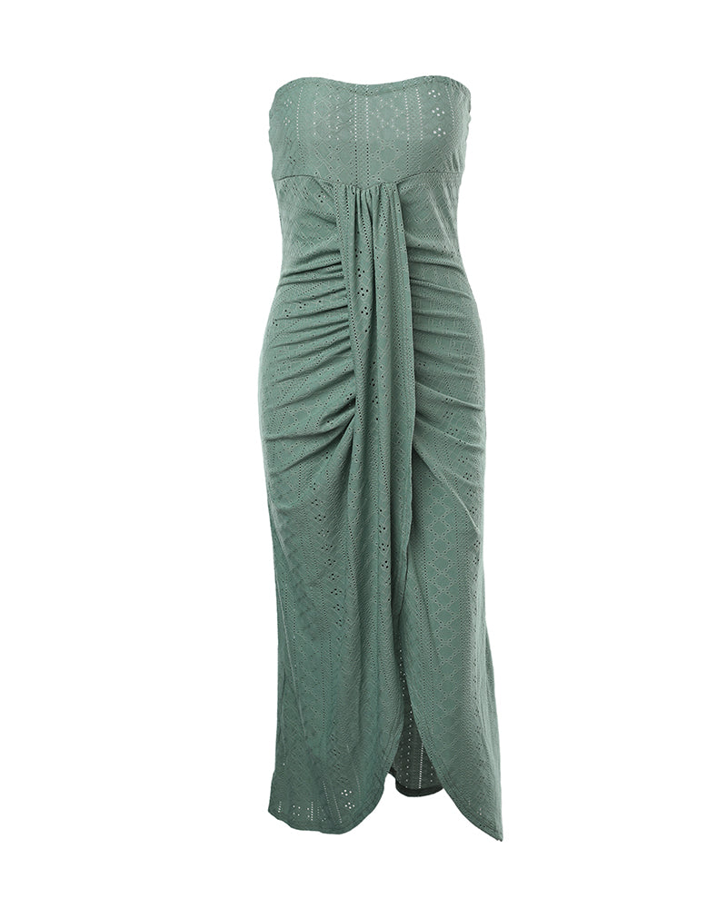 Ruched Bandeau Maxi Dress With Eyelet Embroidery
