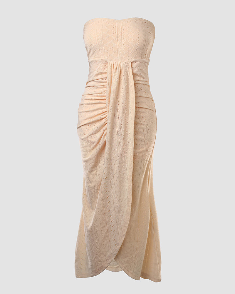 Ruched Bandeau Maxi Dress With Eyelet Embroidery