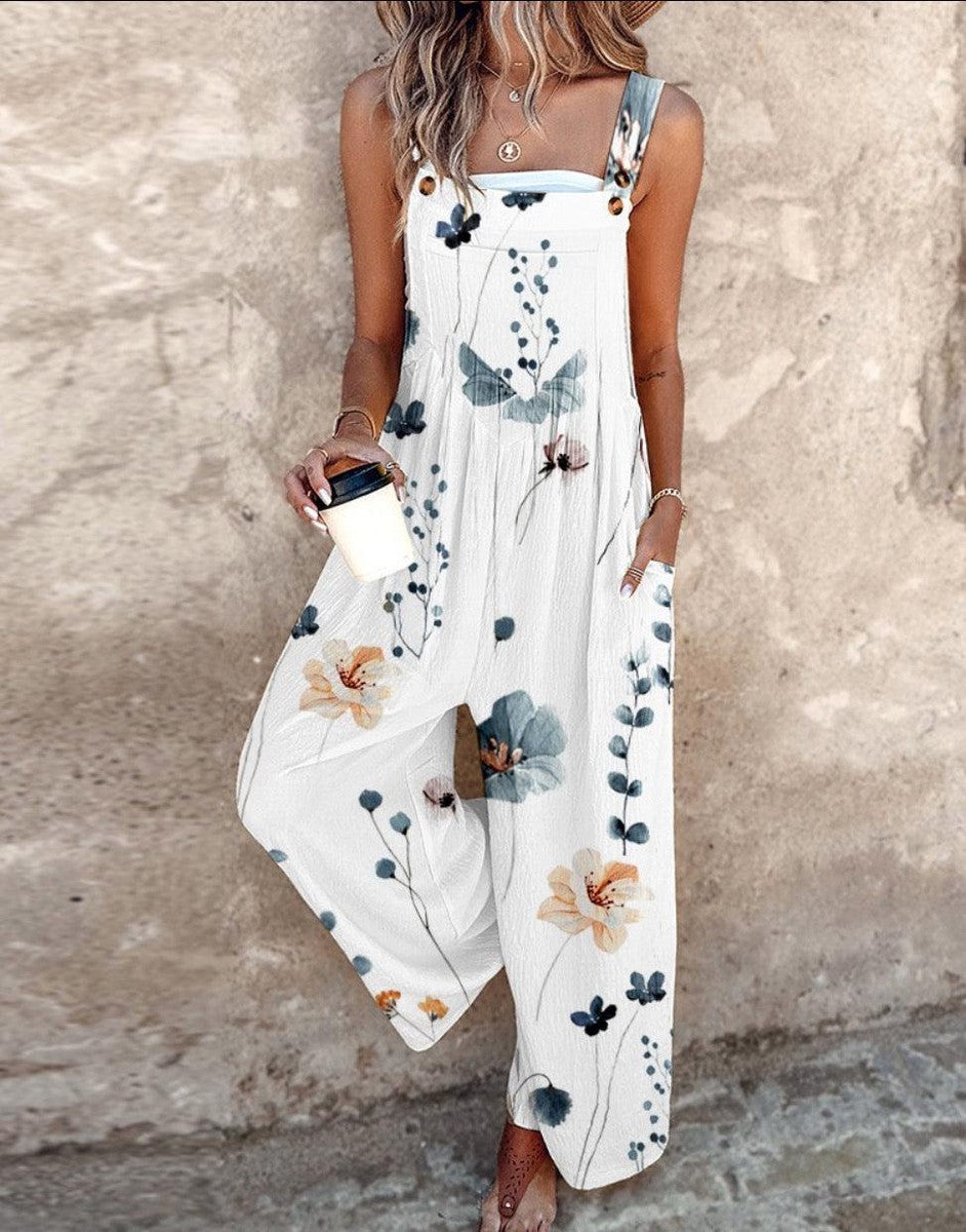 Sleeveless Floral Print Wide Leg Dungarees