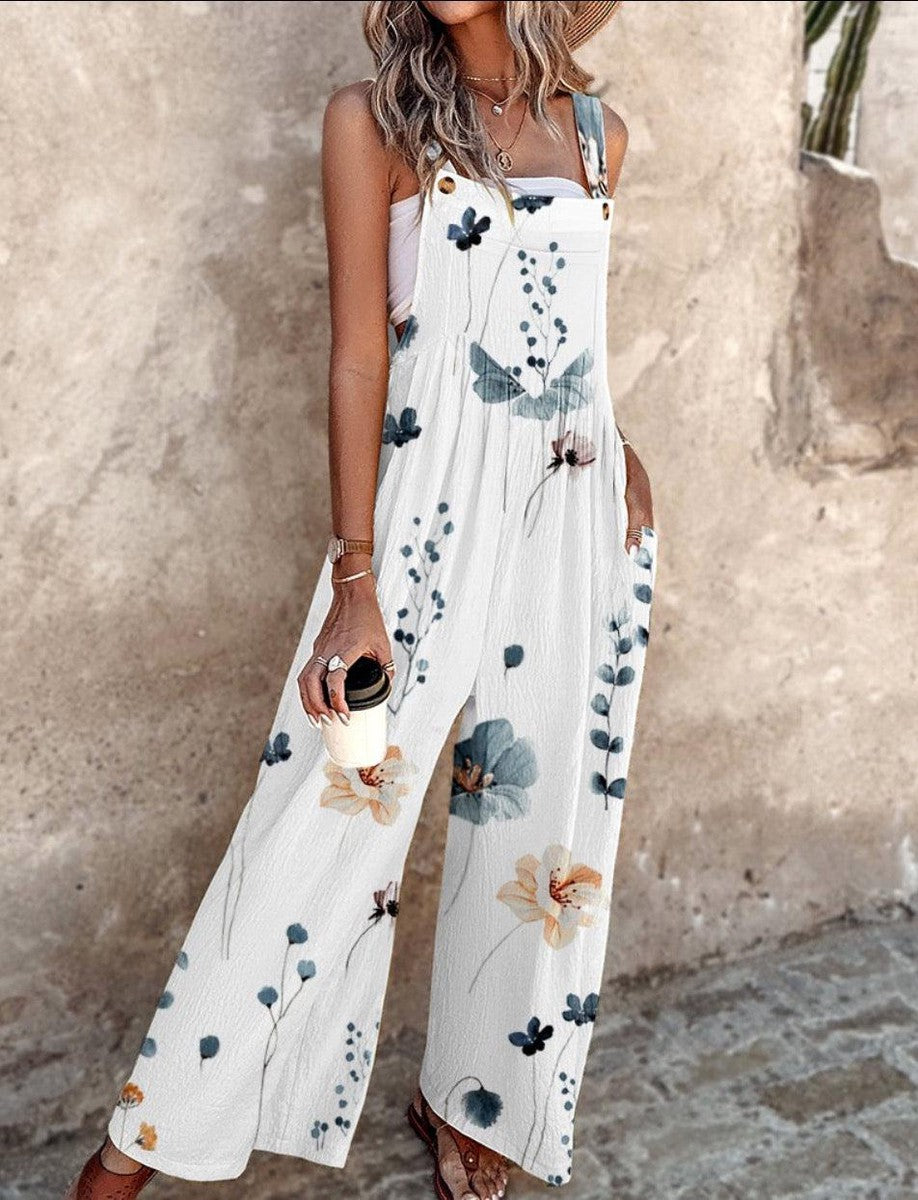 Sleeveless Floral Print Wide Leg Dungarees