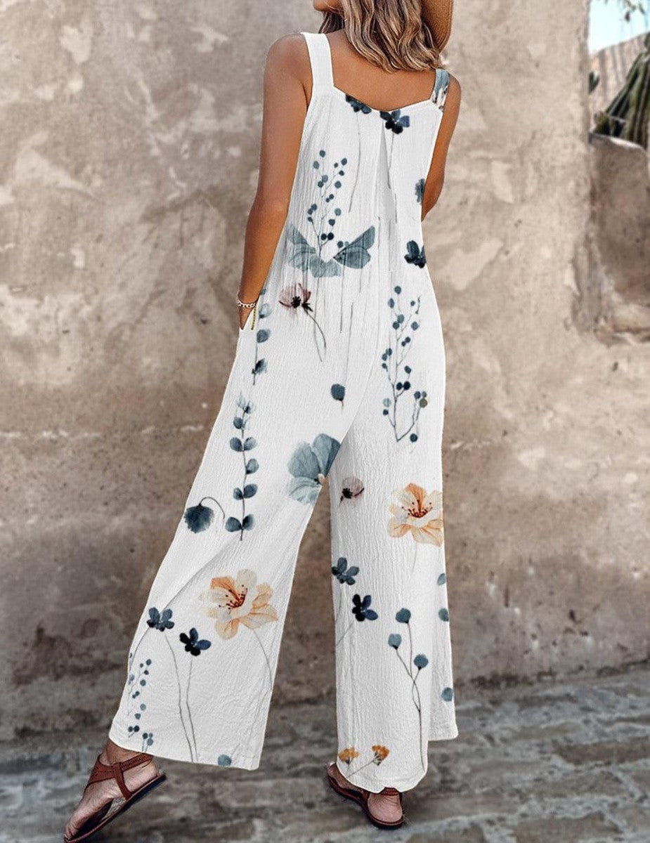 Sleeveless Floral Print Wide Leg Dungarees