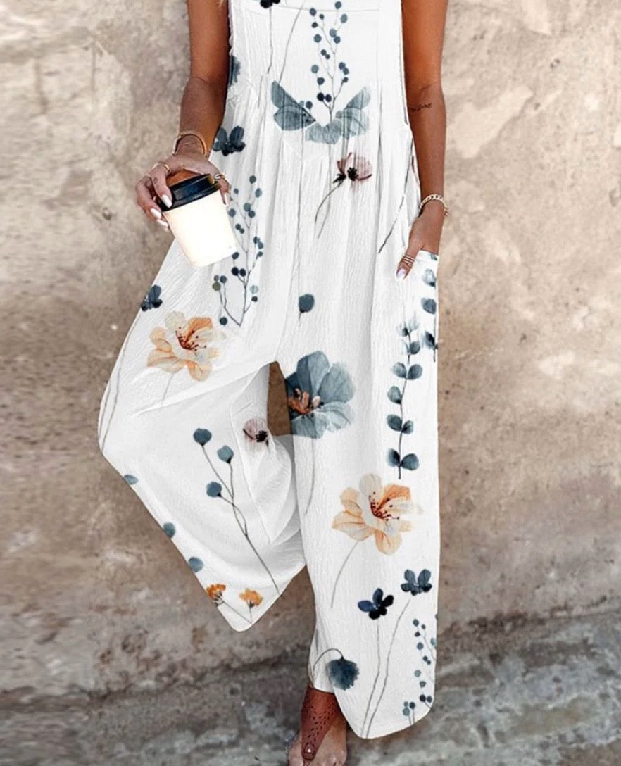 Sleeveless Floral Print Wide Leg Dungarees