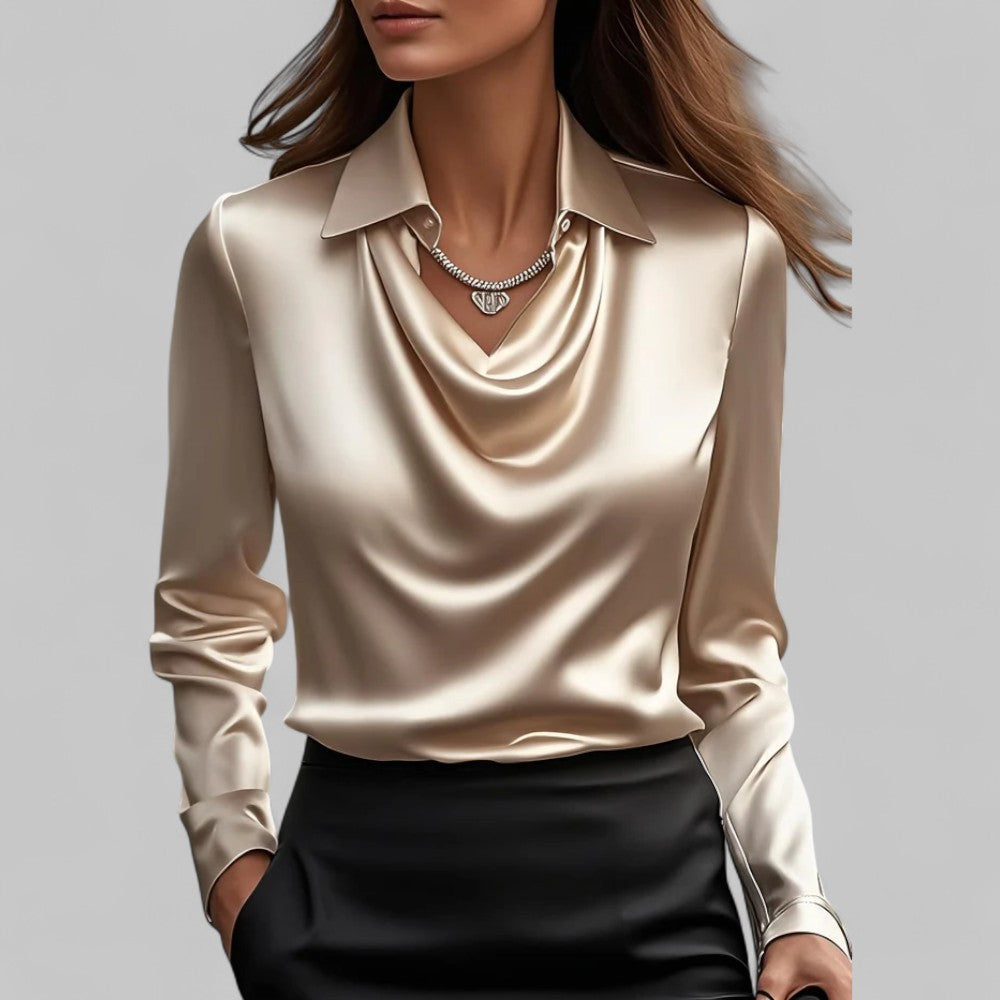 Satin Blouse for Women - Waterfall Neckline Long Sleeve Elegant Top