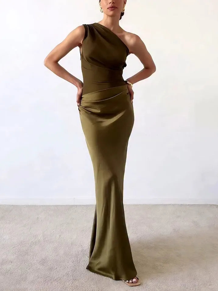 Pleated One Shoulder Floor Length Maxi Dress