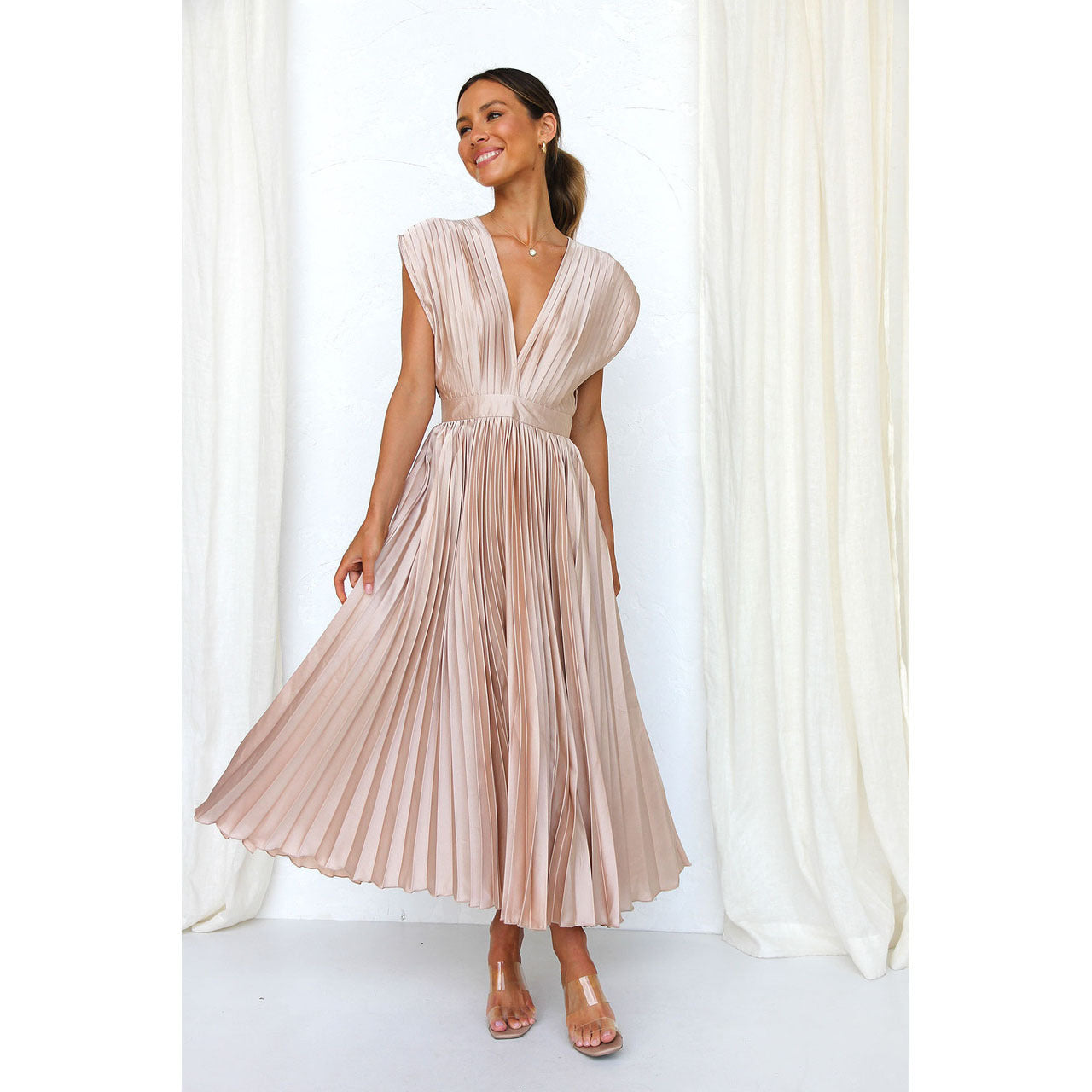 Pleated V-Neck Midi Dress