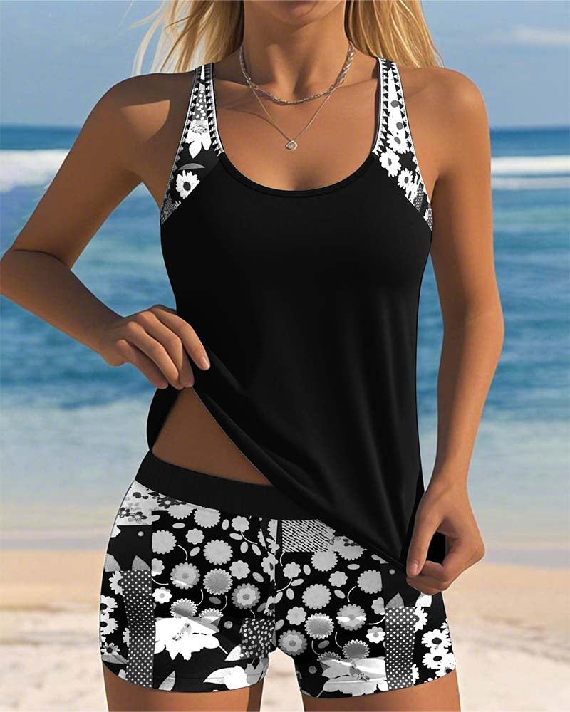 Sleeveless Printed Tankini Boy Short Set