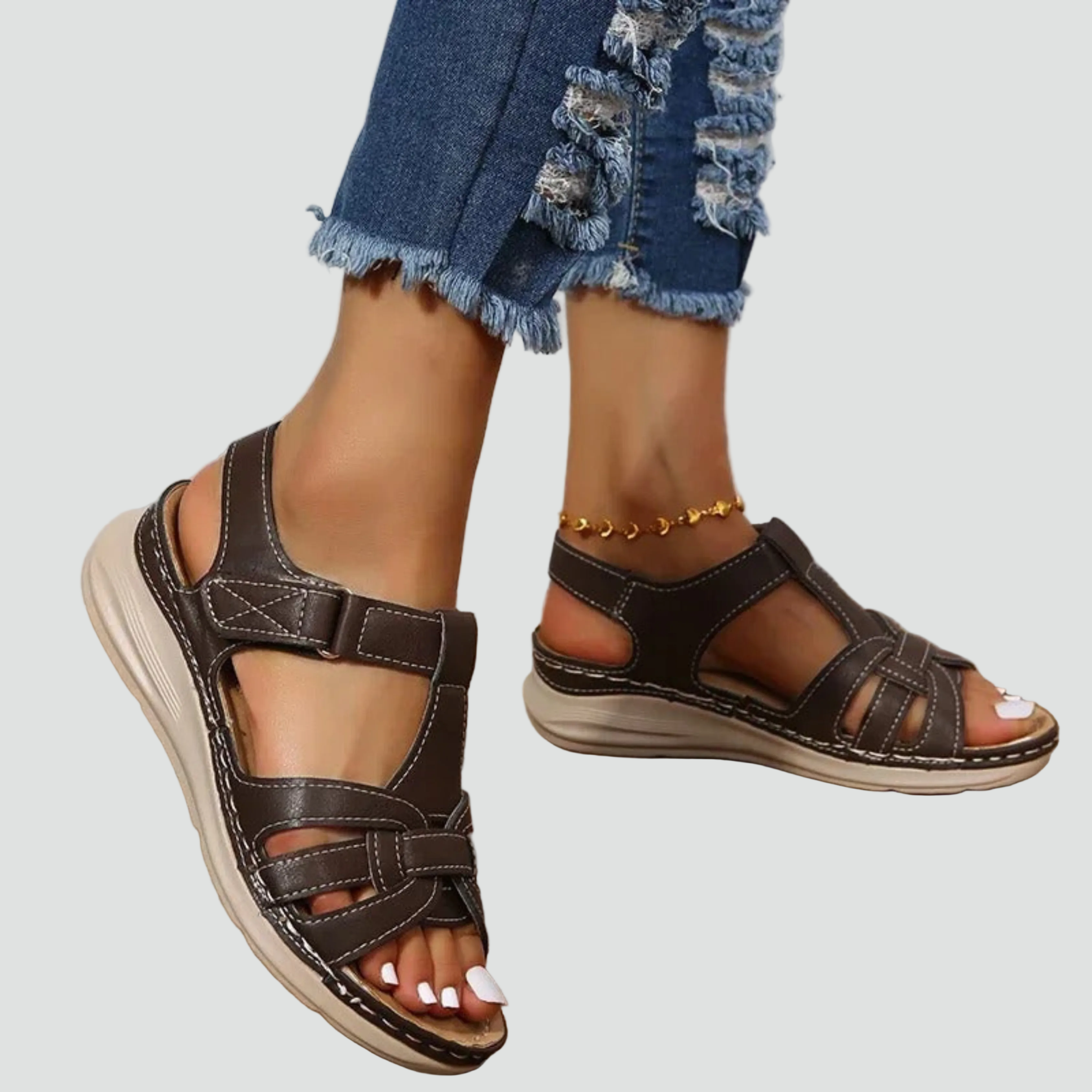 Women's Orthopedic Leather Velcro Strap Sandals for Daily Wear