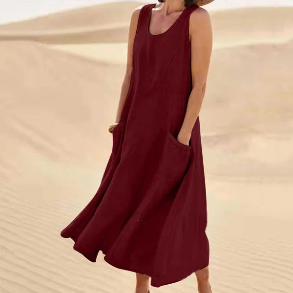 Relaxed Linen Midi Dress With Side Pockets