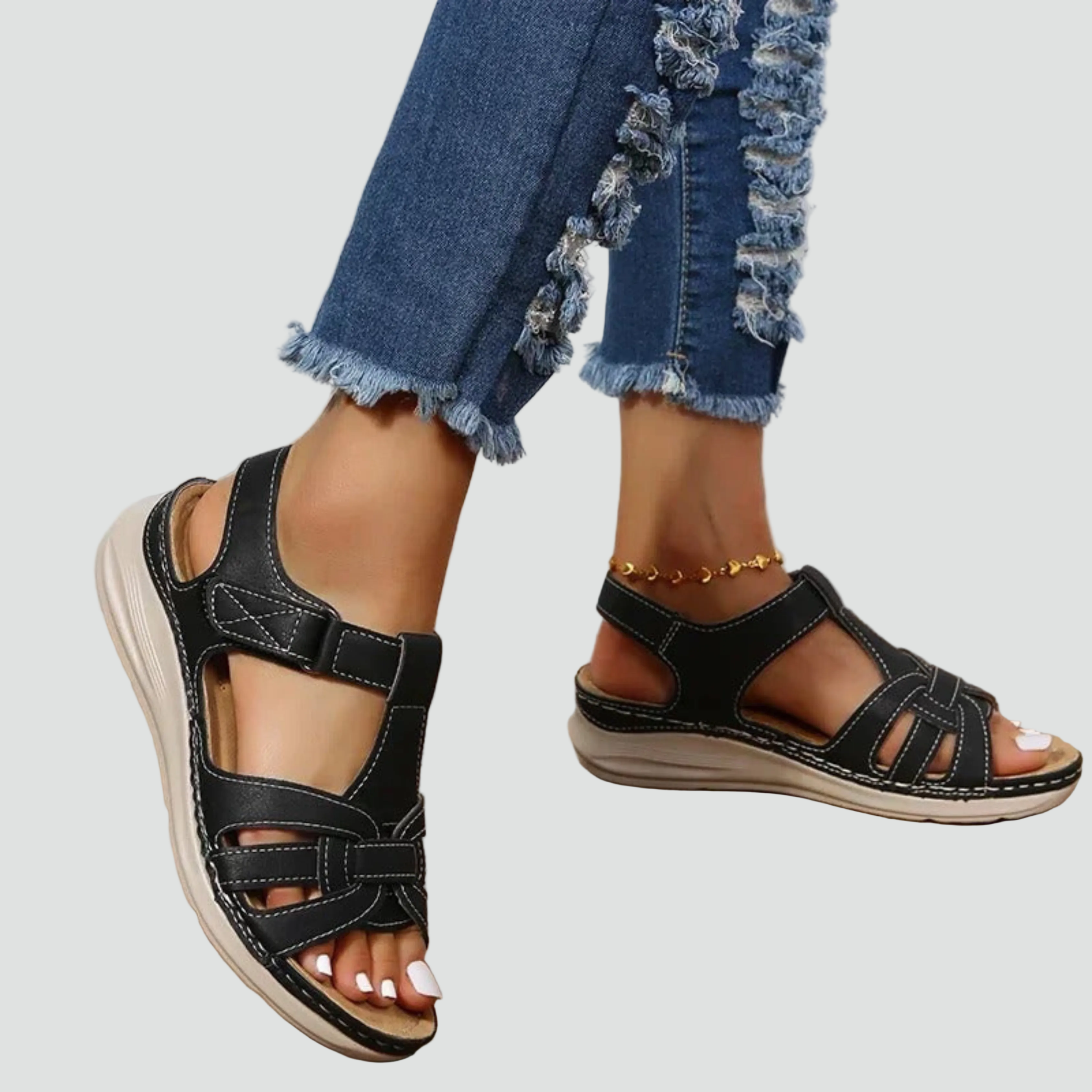 Women's Orthopedic Leather Velcro Strap Sandals for Daily Wear