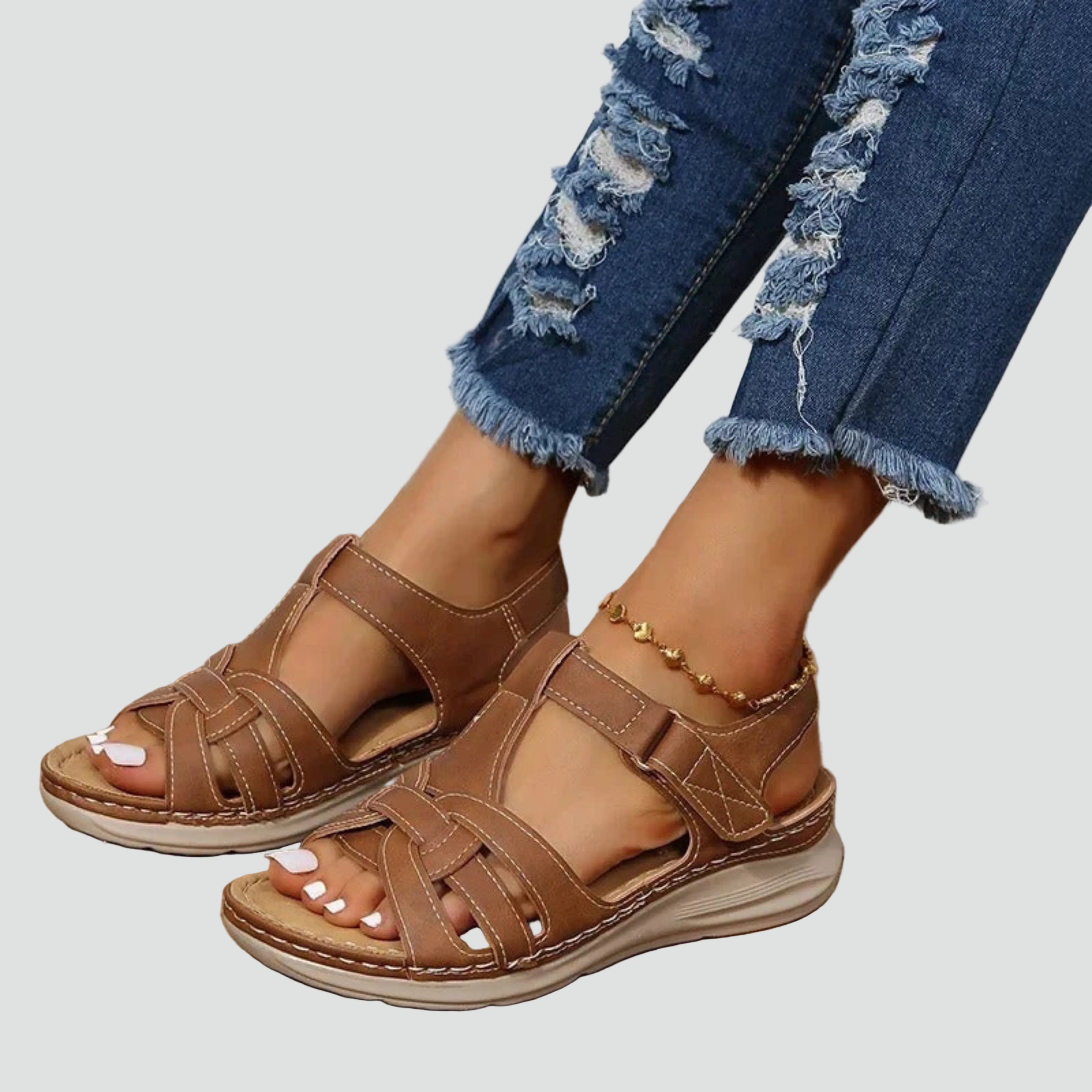 Women's Orthopedic Leather Velcro Strap Sandals for Daily Wear
