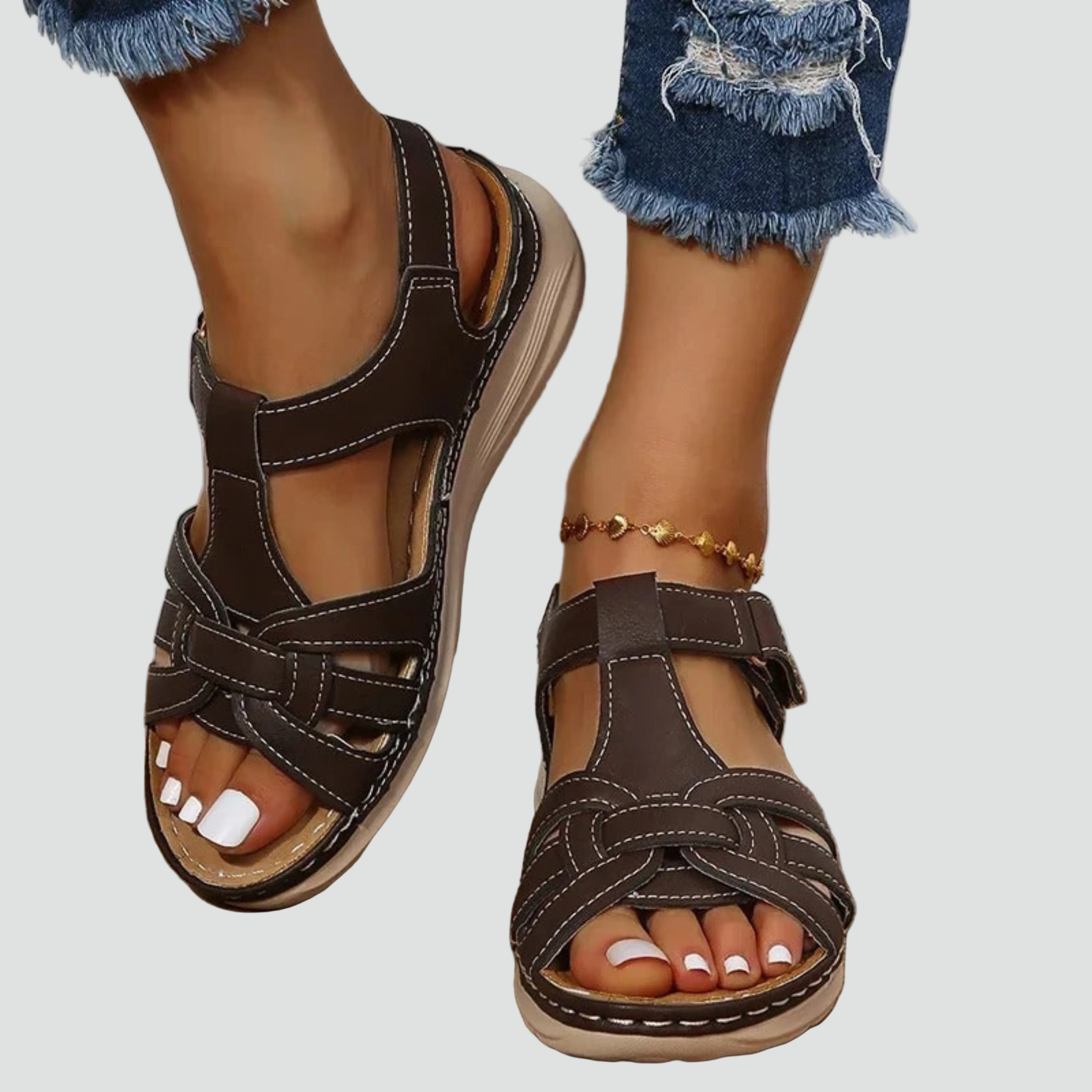 Women's Orthopedic Leather Velcro Strap Sandals for Daily Wear