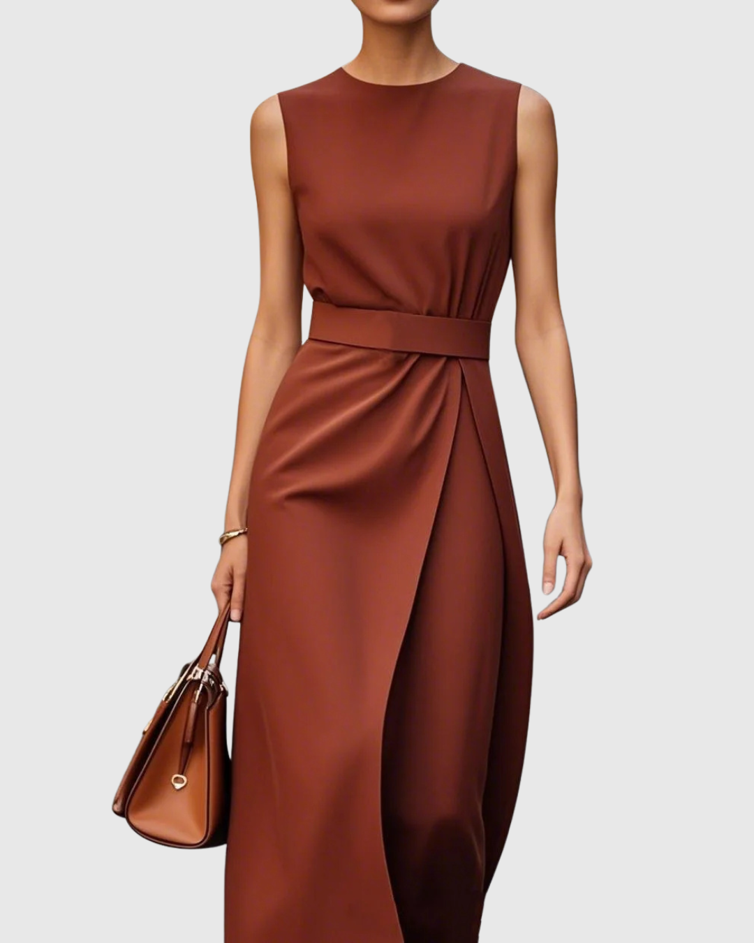 Sleeveless Pleated Waist Midi Dress With Side Slit
