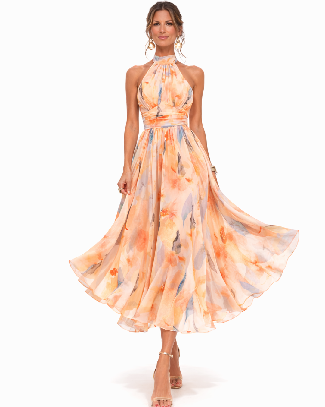 Watercolor Print Halter Neck Maxi Dress