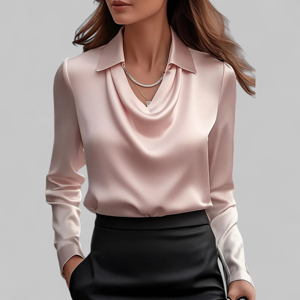 Satin Blouse for Women - Waterfall Neckline Long Sleeve Elegant Top