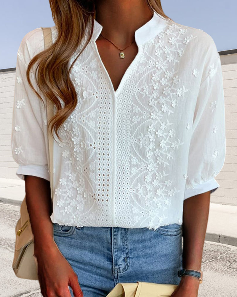 Women's Puff Sleeve V-Neck Cotton Blend Blouse