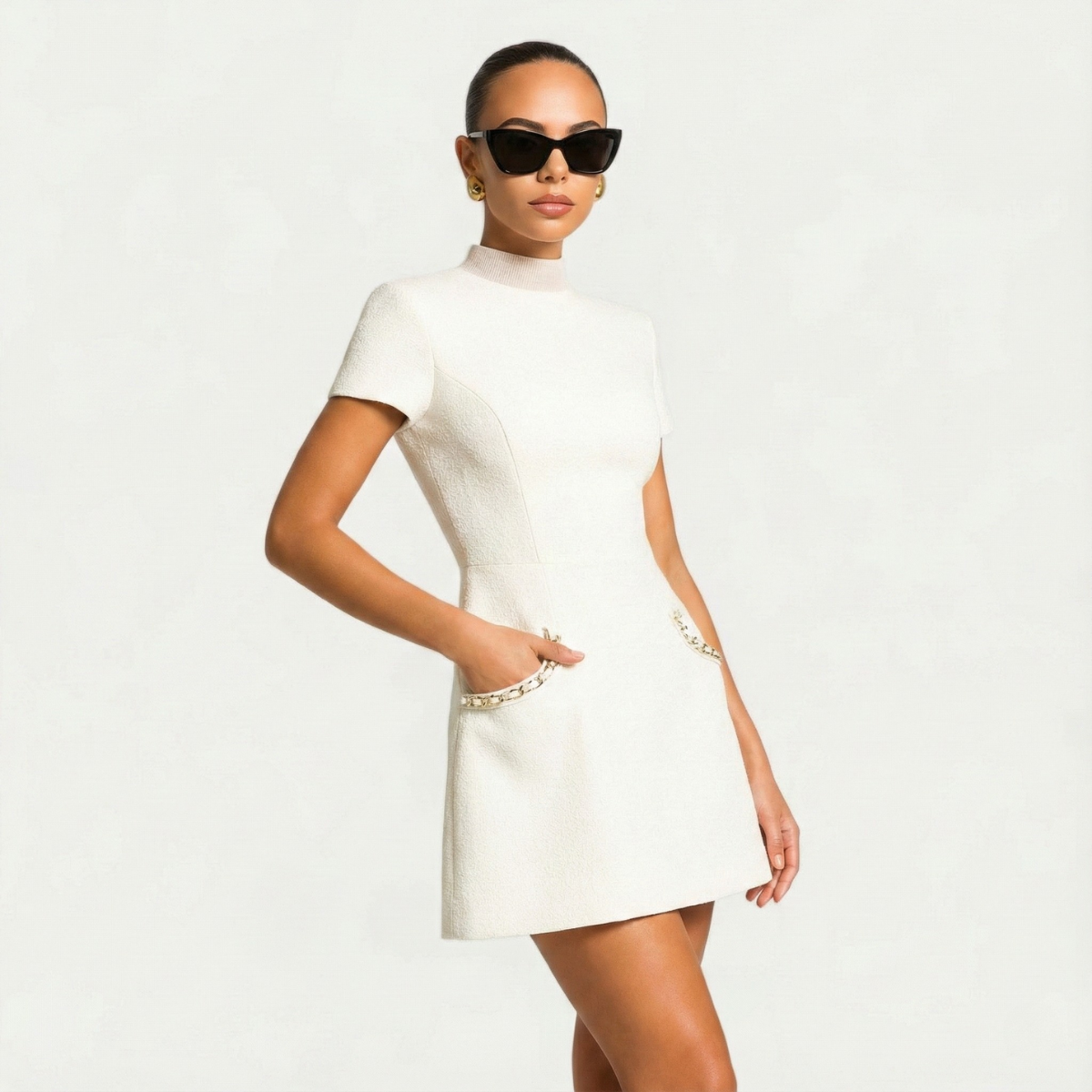 Short Sleeve Pearl Trim Mini Dress With Pockets