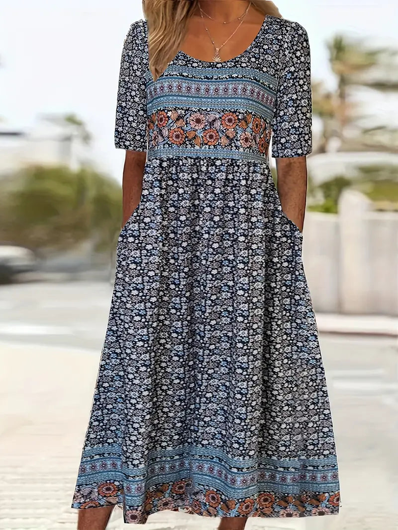 Boho Print Midi Dress With Side Pockets