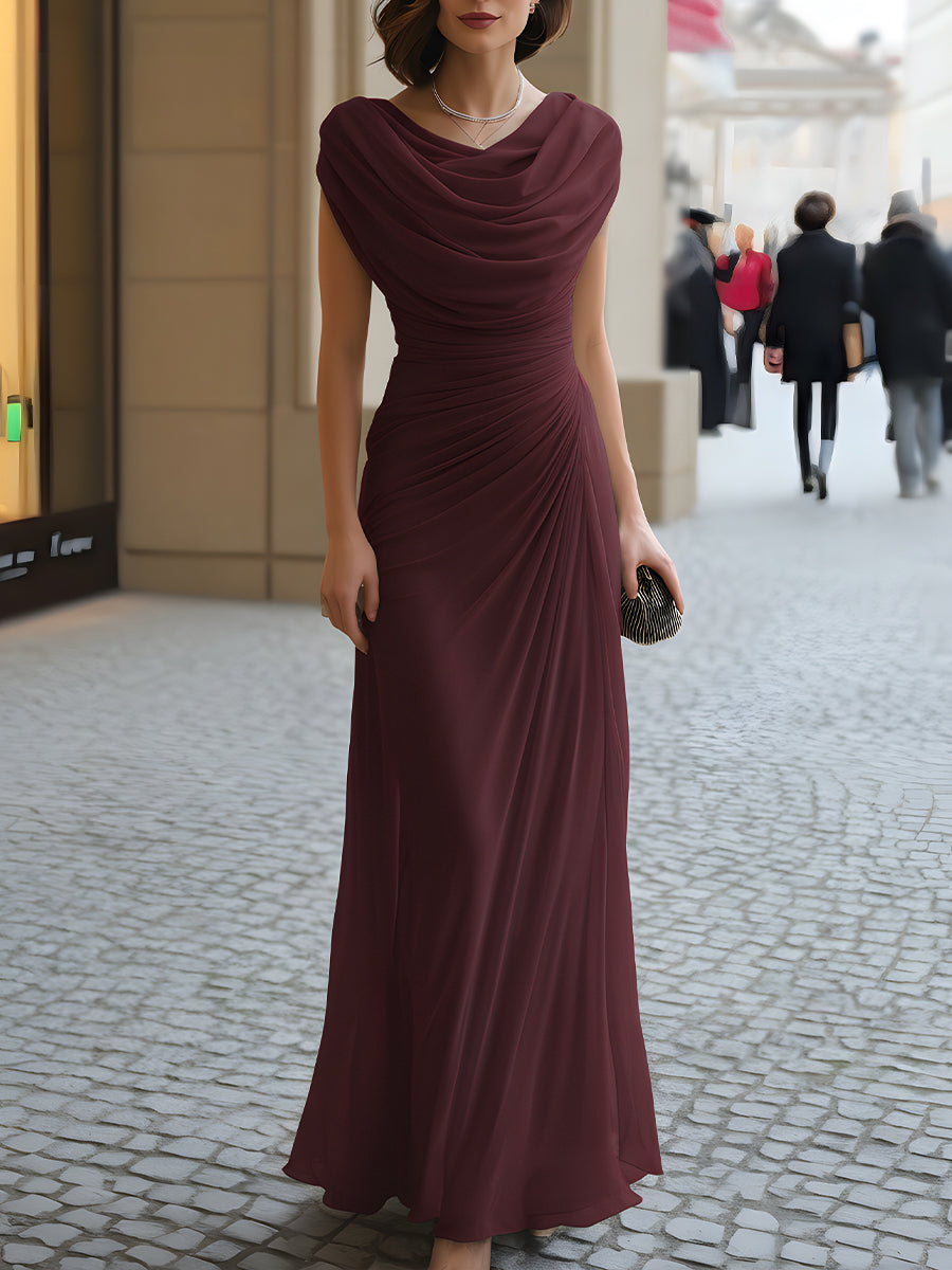 Cowl Neck Ruched Evening Maxi Dress