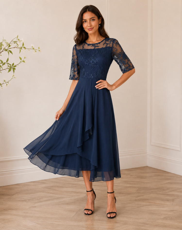 Lace Midi Cocktail Dress With Tulle Hem