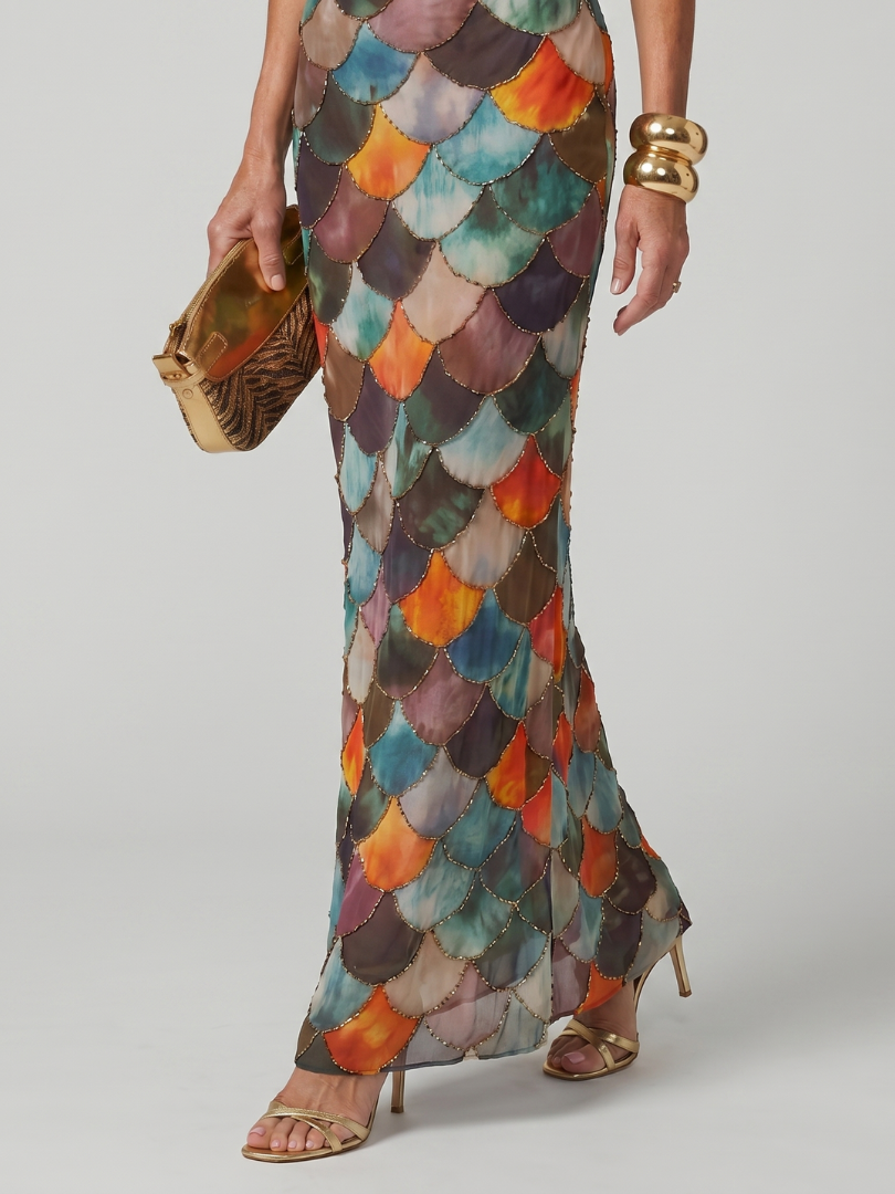 Fitted Halter Maxi Dress with Scale Geometric Print