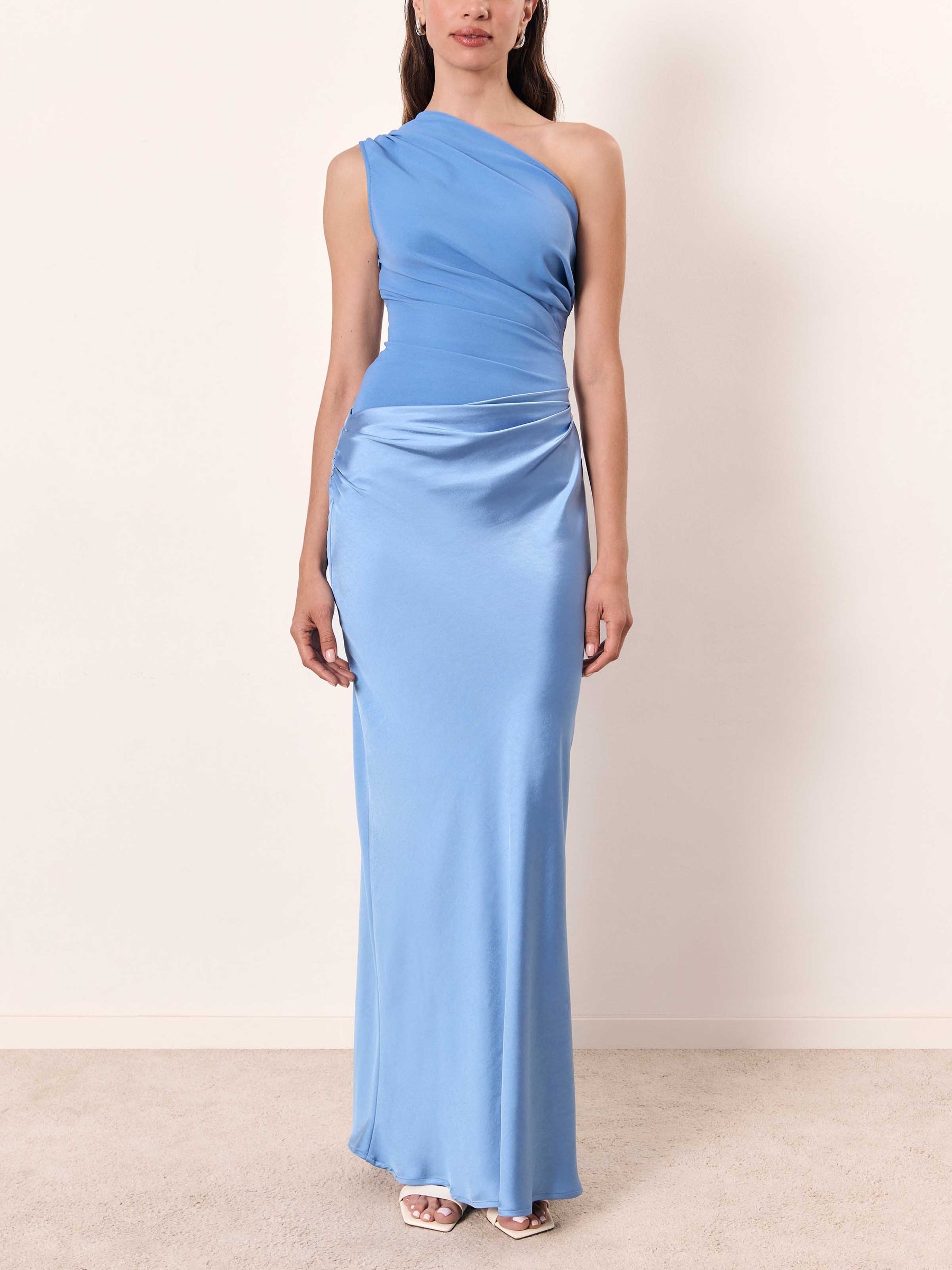 Pleated One Shoulder Floor Length Maxi Dress