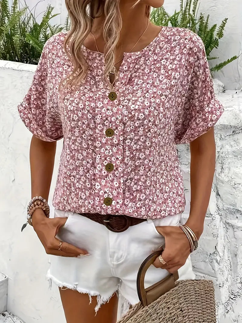Floral Print Short Sleeve Relaxed Blouse