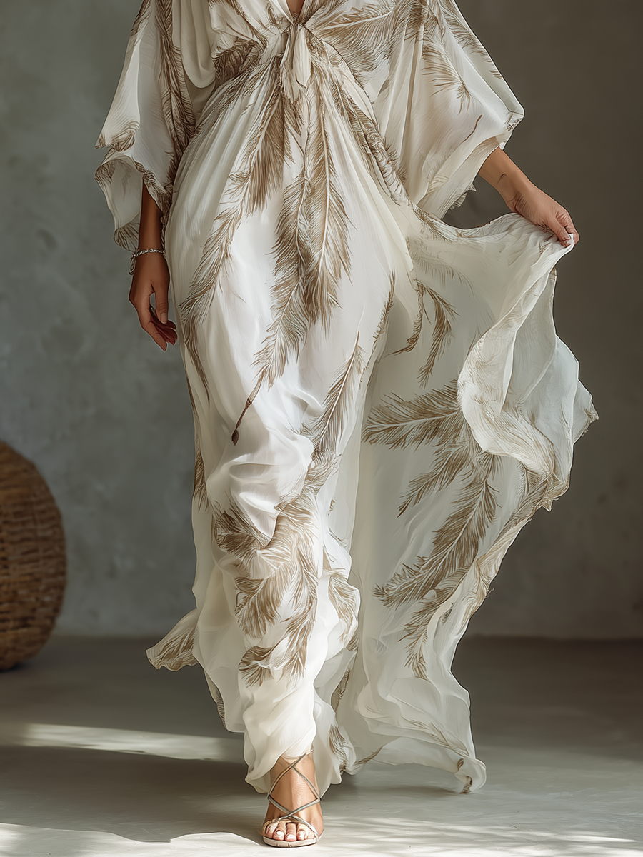 Dolman Sleeve Palm Leaf Print Twist-Front Maxi Dress
