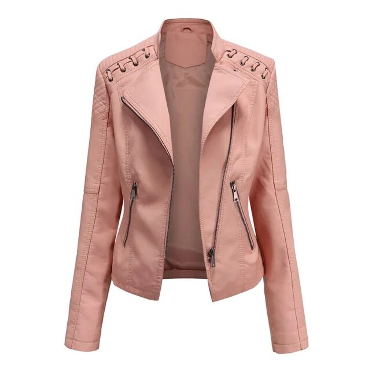 Asymmetric Zip Biker Jacket With Shoulder Lacing